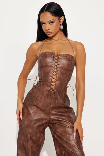 No Hard Feelings Faux Leather Jumpsuit - Brown