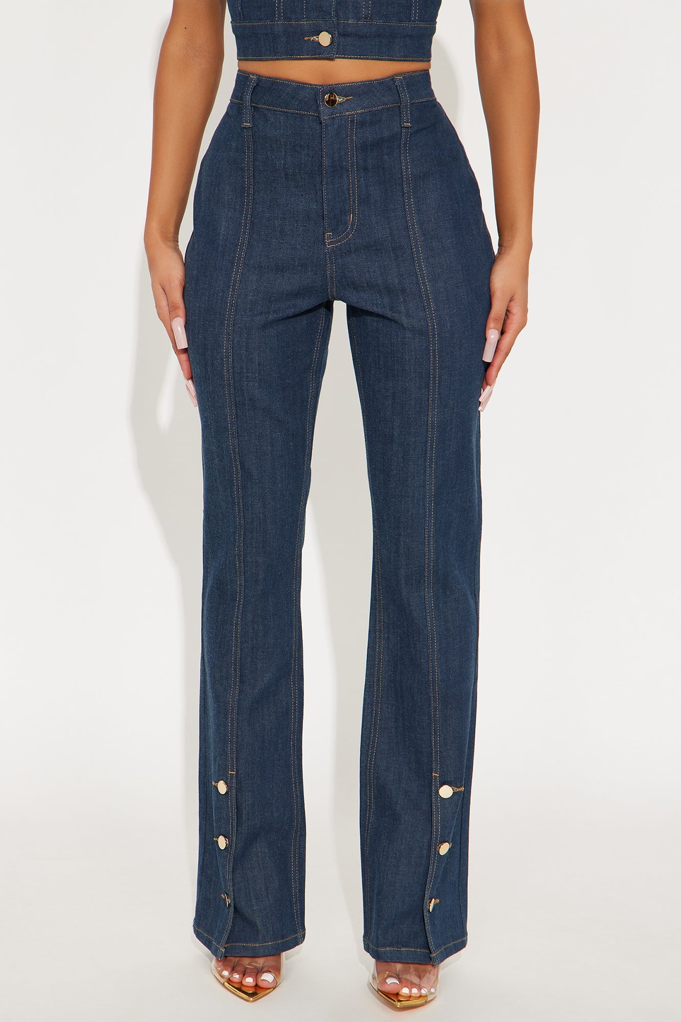Button Up Stretch Tailored Bootcut Jeans - Dark Wash