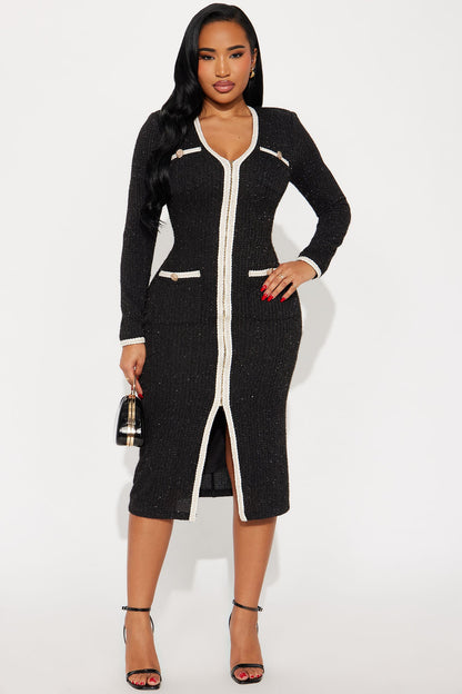 Casey Tweed Midi Dress - Black/combo
