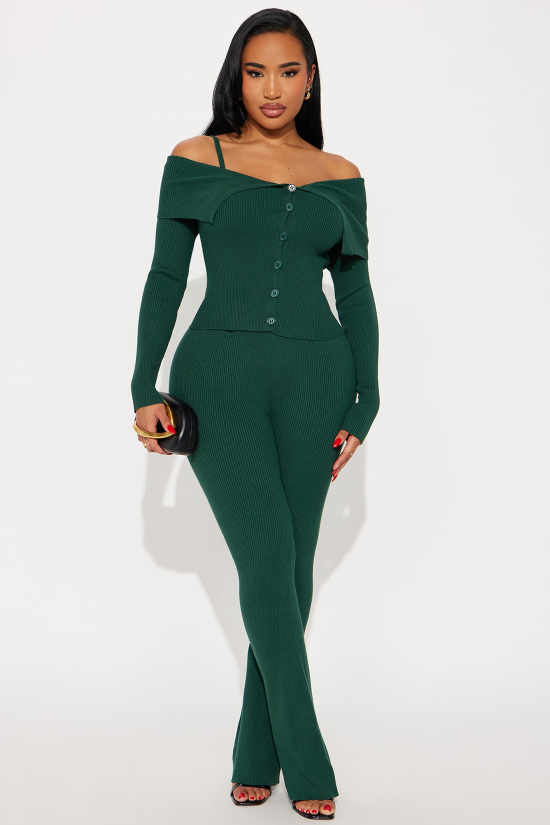 Sophie Off Shoulder Sweater Scarf Pant Set - Hunter