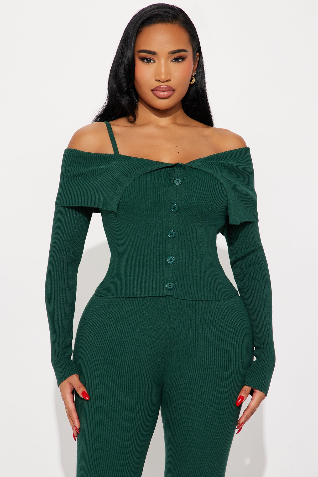 Sophie Off Shoulder Sweater Scarf Pant Set - Hunter