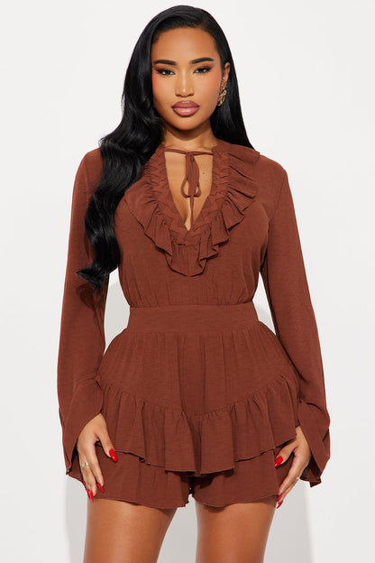 So Sweet Lace Up Ruffle Romper - Chocolate