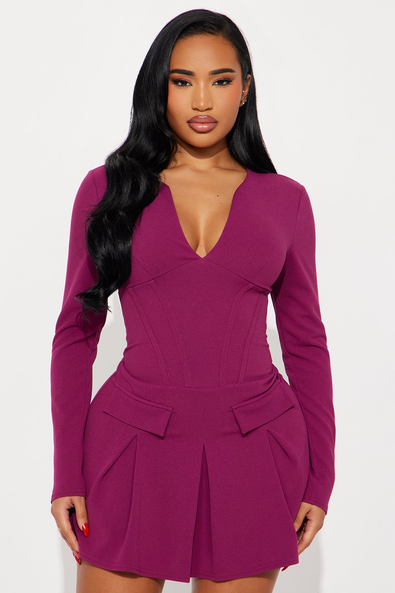 Caprice Pleated Mini Dress - Burgundy