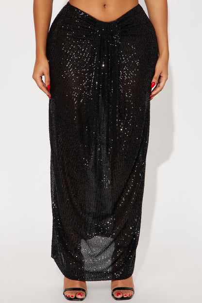 Party Time Sequin Drape Maxi Skirt - Black