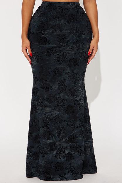 Winter Romance Flocked Velvet Floral Maxi Skirt - Teal