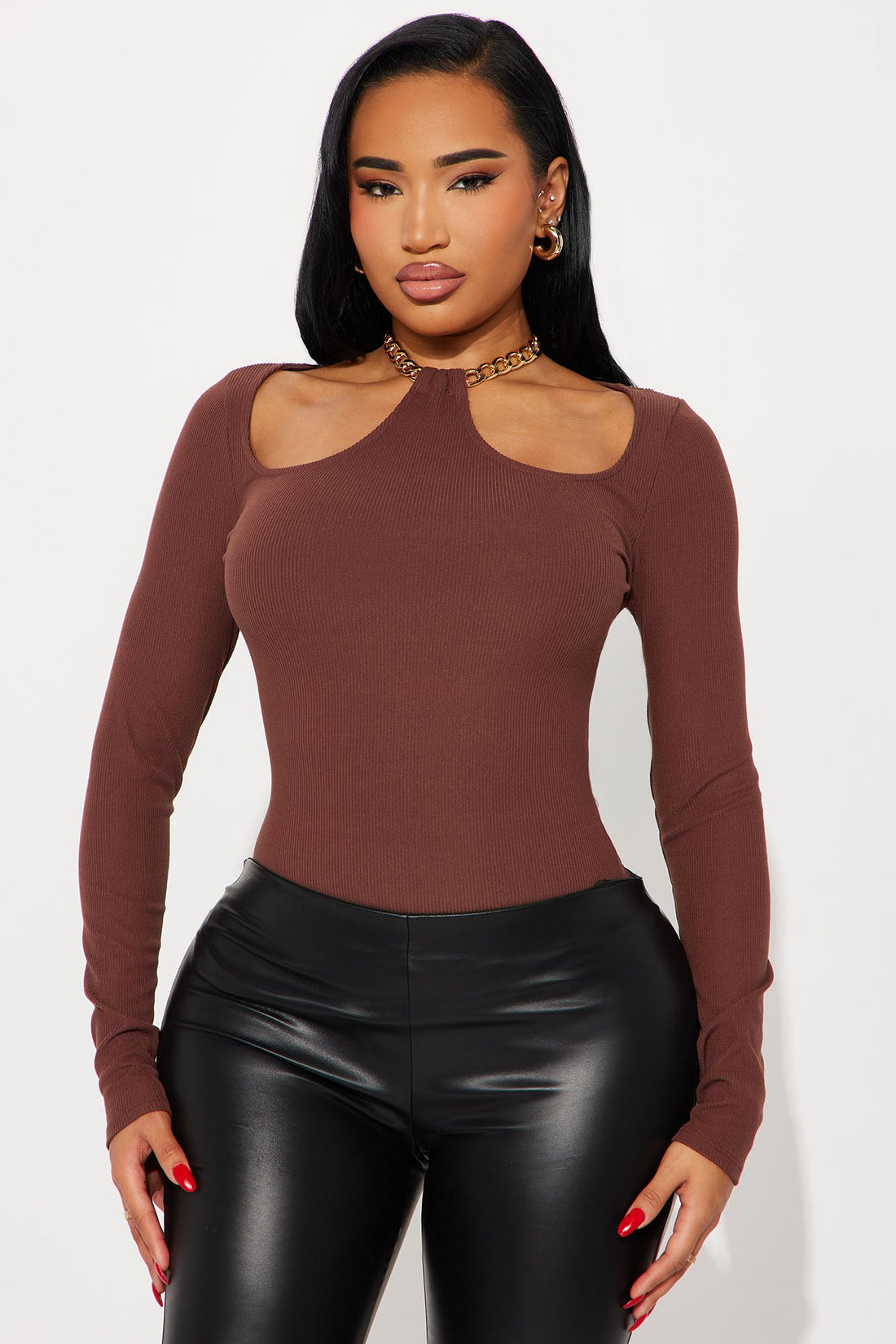 Omi Chain Strap Ribbed Top - Brown