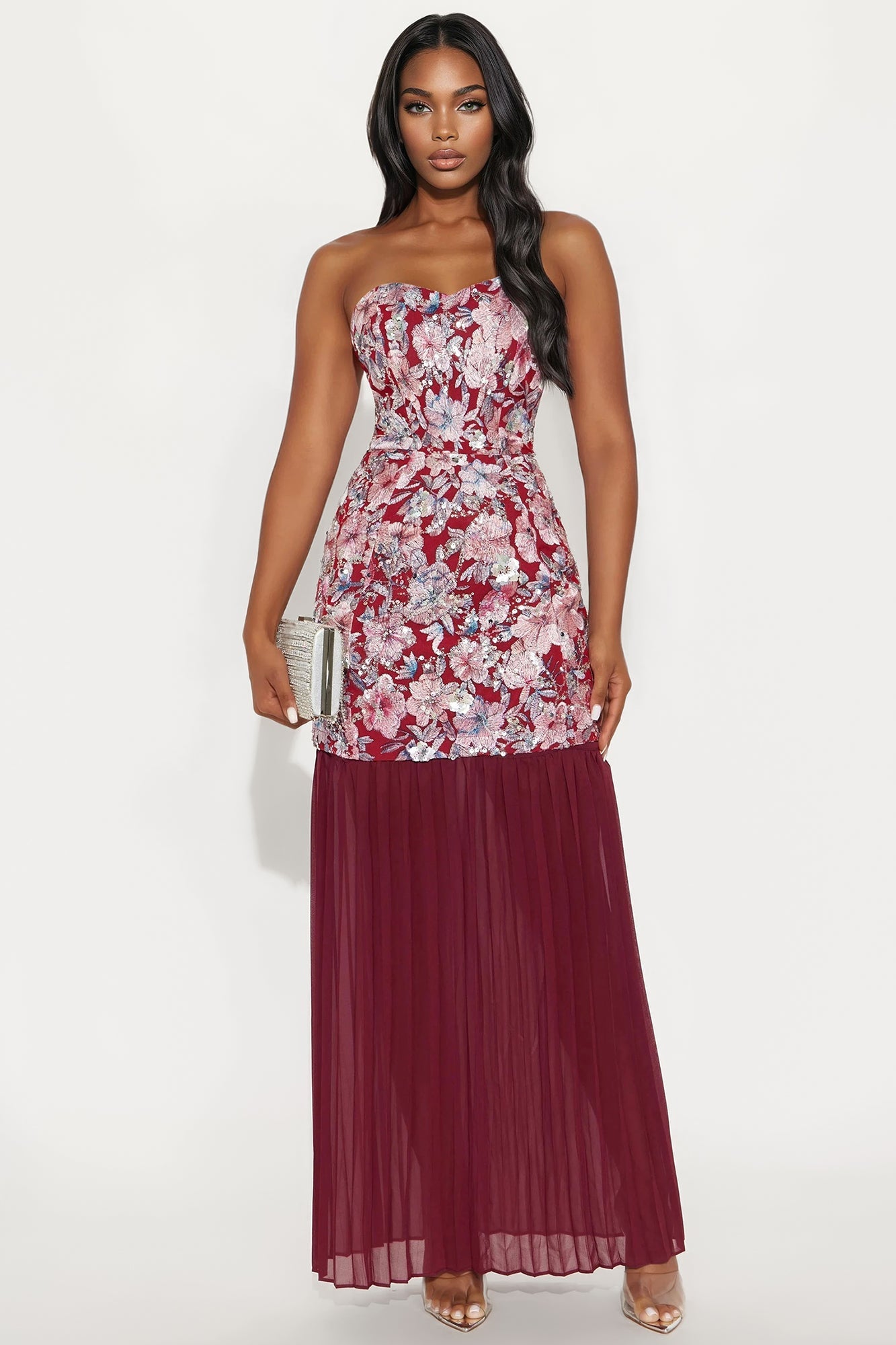 Sequin Statement Chiffon Gown - Burgundy