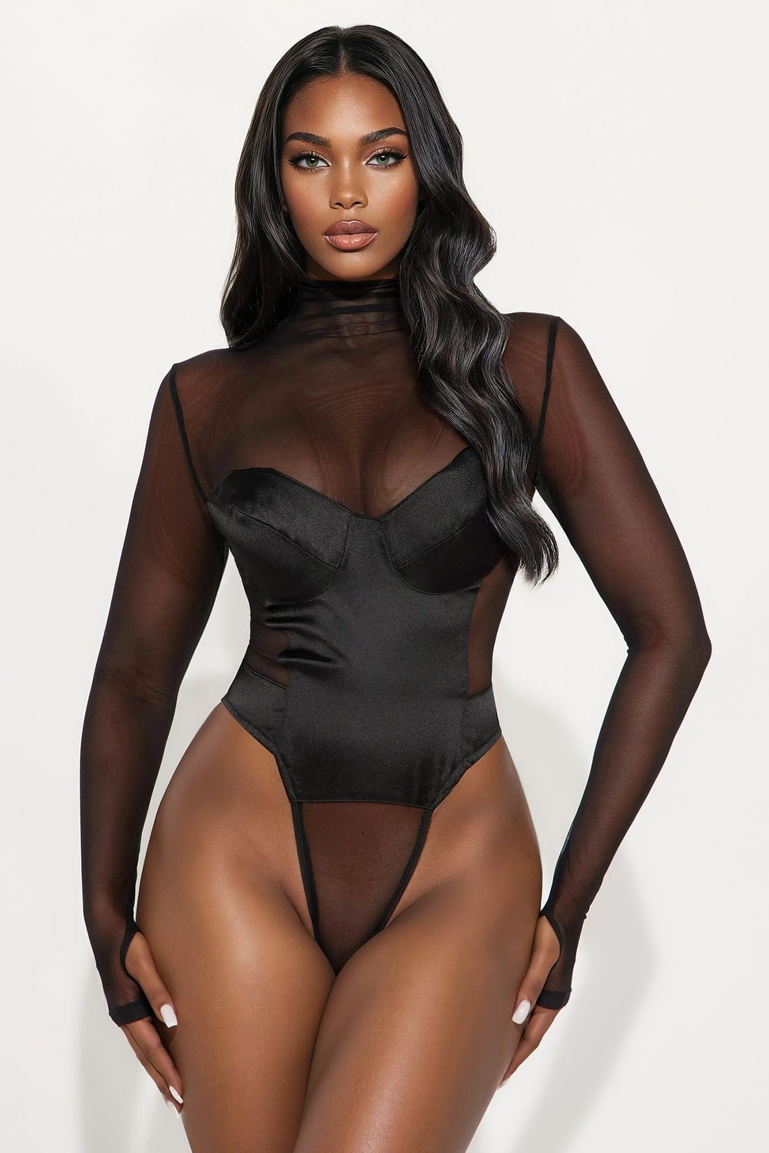Caught On Camera Satin Bodysuit Skirt Set - Black