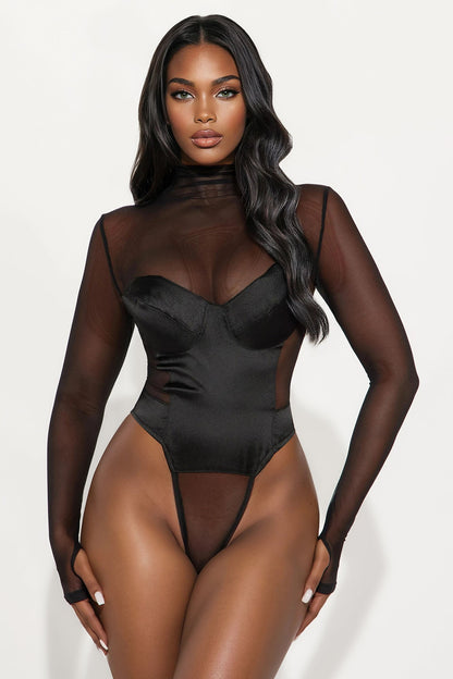 Caught On Camera Satin Bodysuit Skirt Set - Black