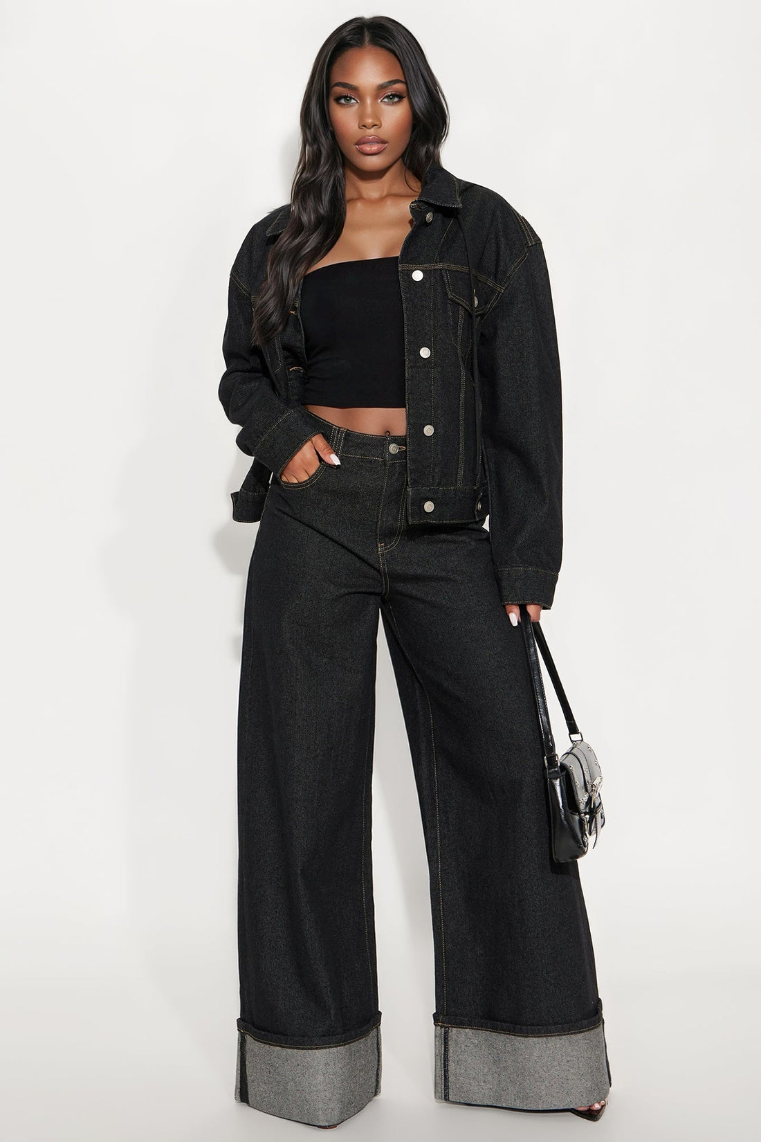 Sooner Or Later Cuffed Wide Leg Jeans - Dark Denim