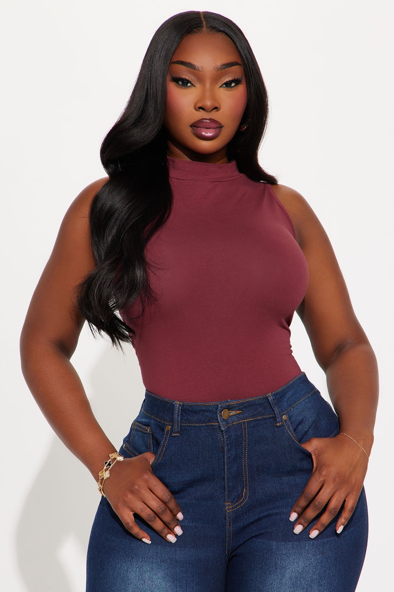 Mel Sleeveless Mock Neck Bodysuit - Burgundy