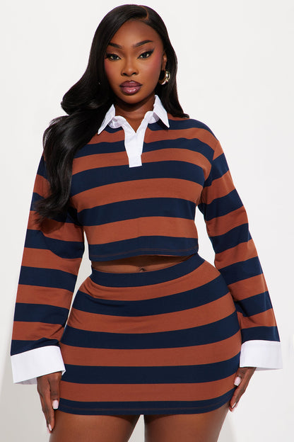 Lindsay Striped Long Sleeve Skirt Set - Brown