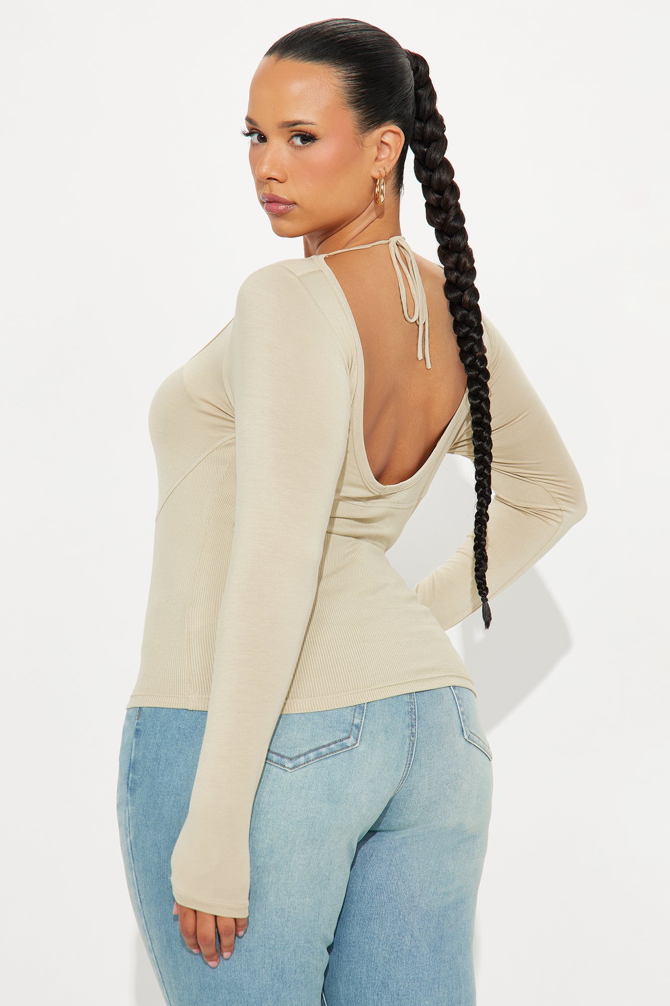 Evolet Long Sleeve Ribbed Top - Stone