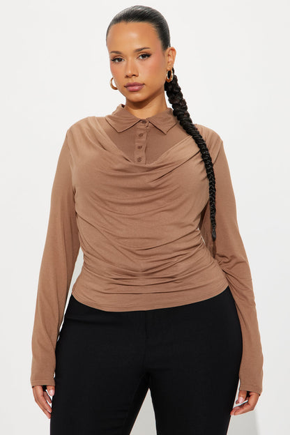 Glinda Long Sleeve Draped Top - Mocha