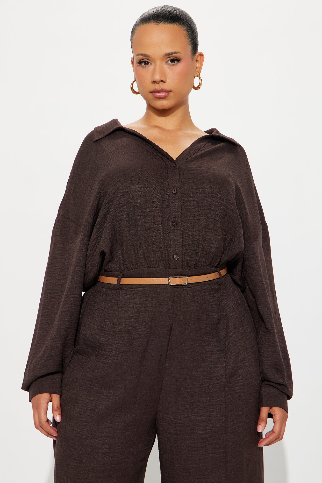 Demetria Belted Flare Jumpsuit - Chocolate