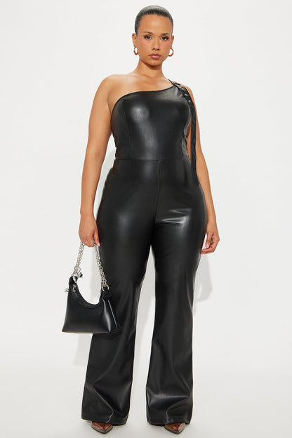Sarianne Faux Leather Flare Jumpsuit - Black