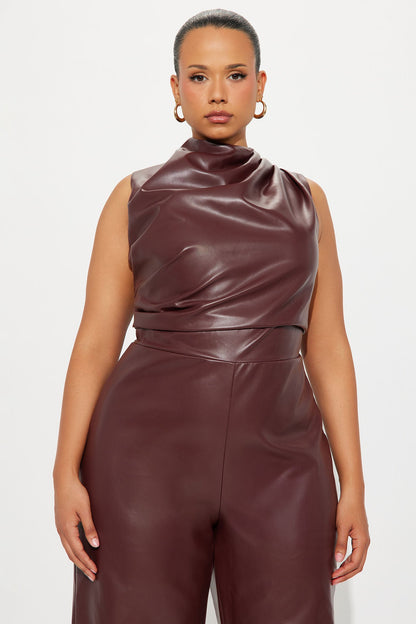Isadora Faux Leather Wide Leg Jumpsuit - Burgundy