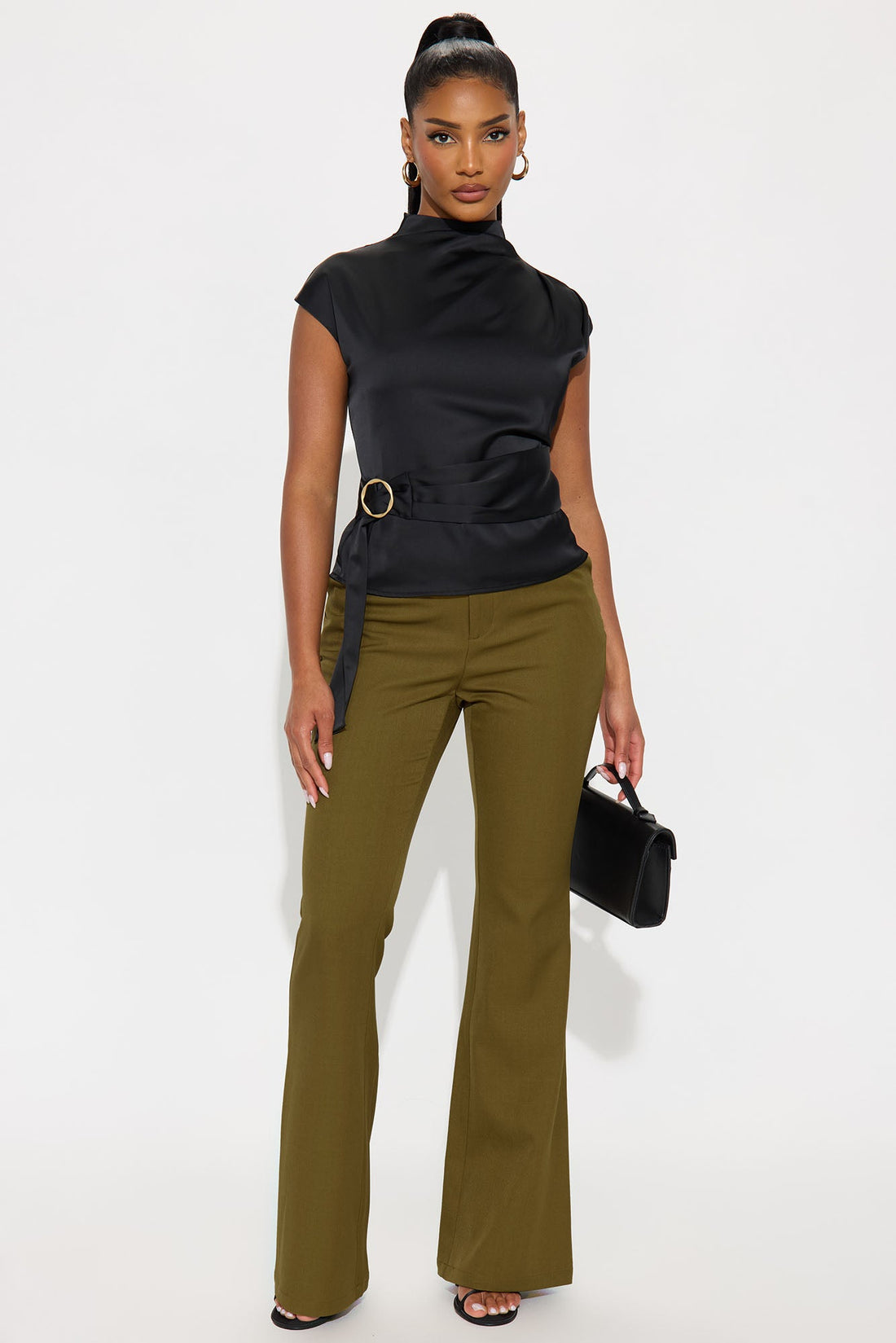 Secret Society Belted Satin Top - Black