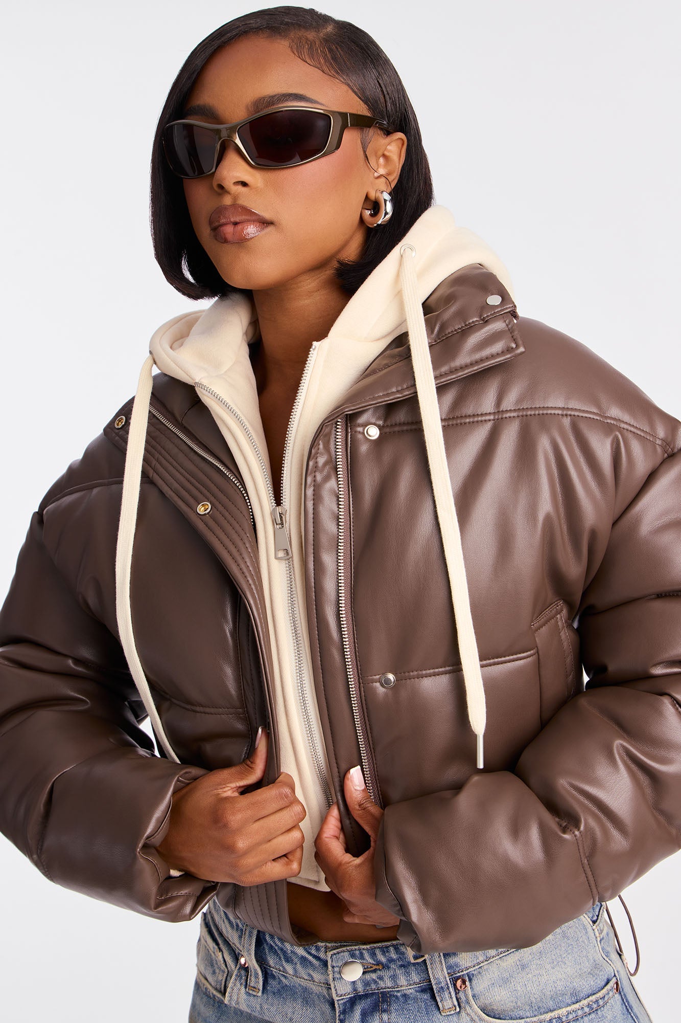 Blake Layered Faux Leather Puffer Jacket - Chocolate/Combo