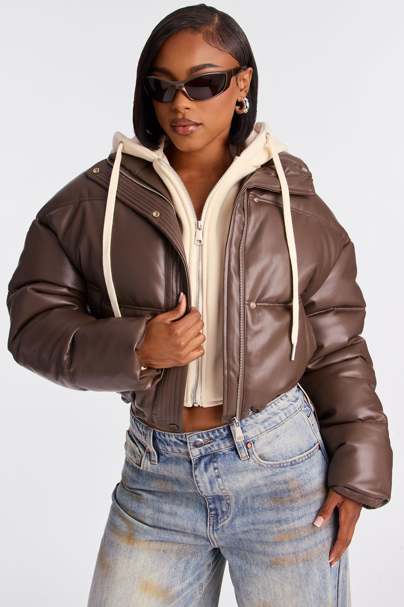 Blake Layered Faux Leather Puffer Jacket - Chocolate/Combo