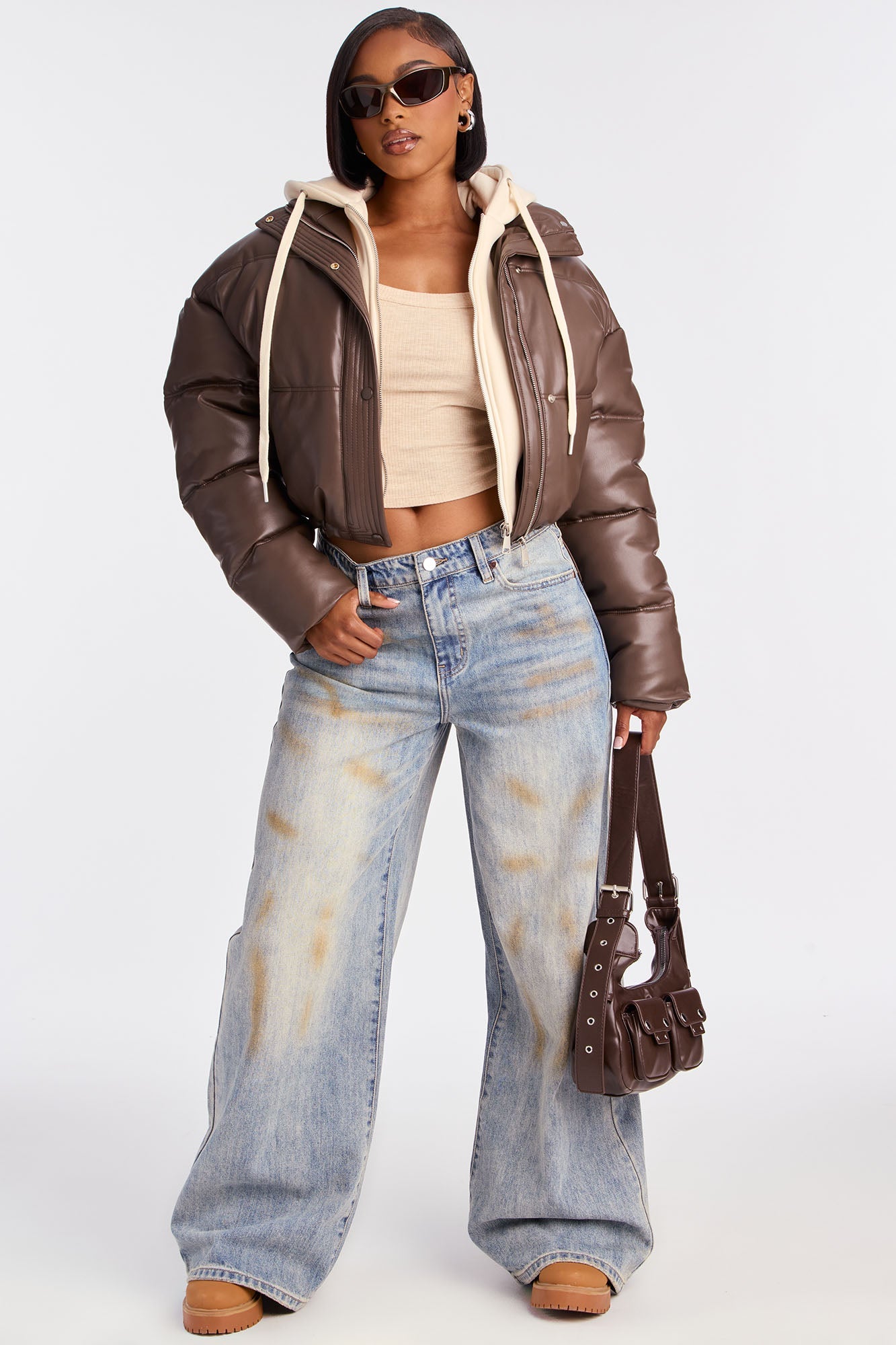 Blake Layered Faux Leather Puffer Jacket - Chocolate/Combo