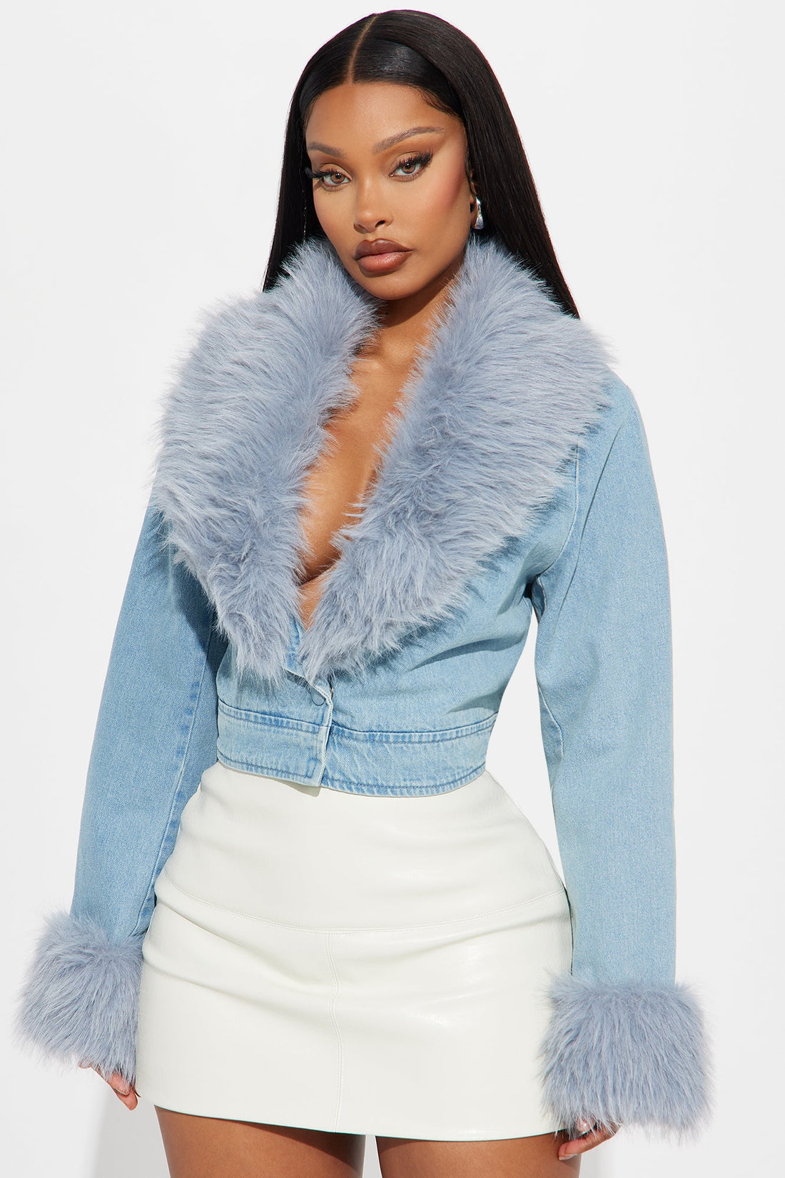 All For You Faux Fur Cropped Denim Jacket - Light Wash