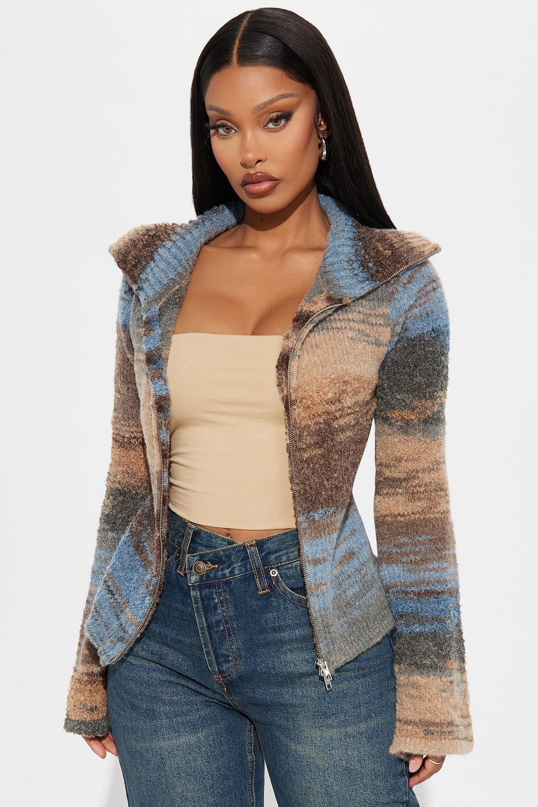 Take Your Time Front Zip Sweater - Blue/combo