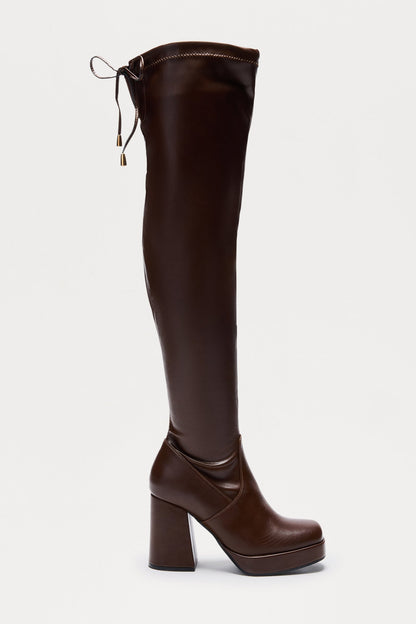 Dover Faux Leather Thigh High Boots - Brown