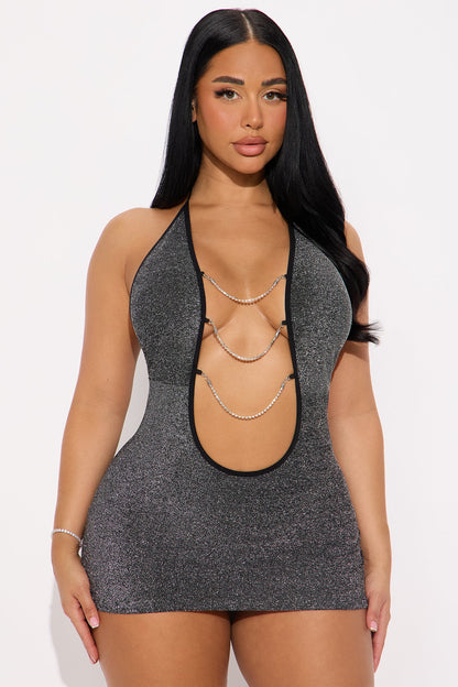 Nerina Metallic Plunge Chemise With Chains - Gunmetal