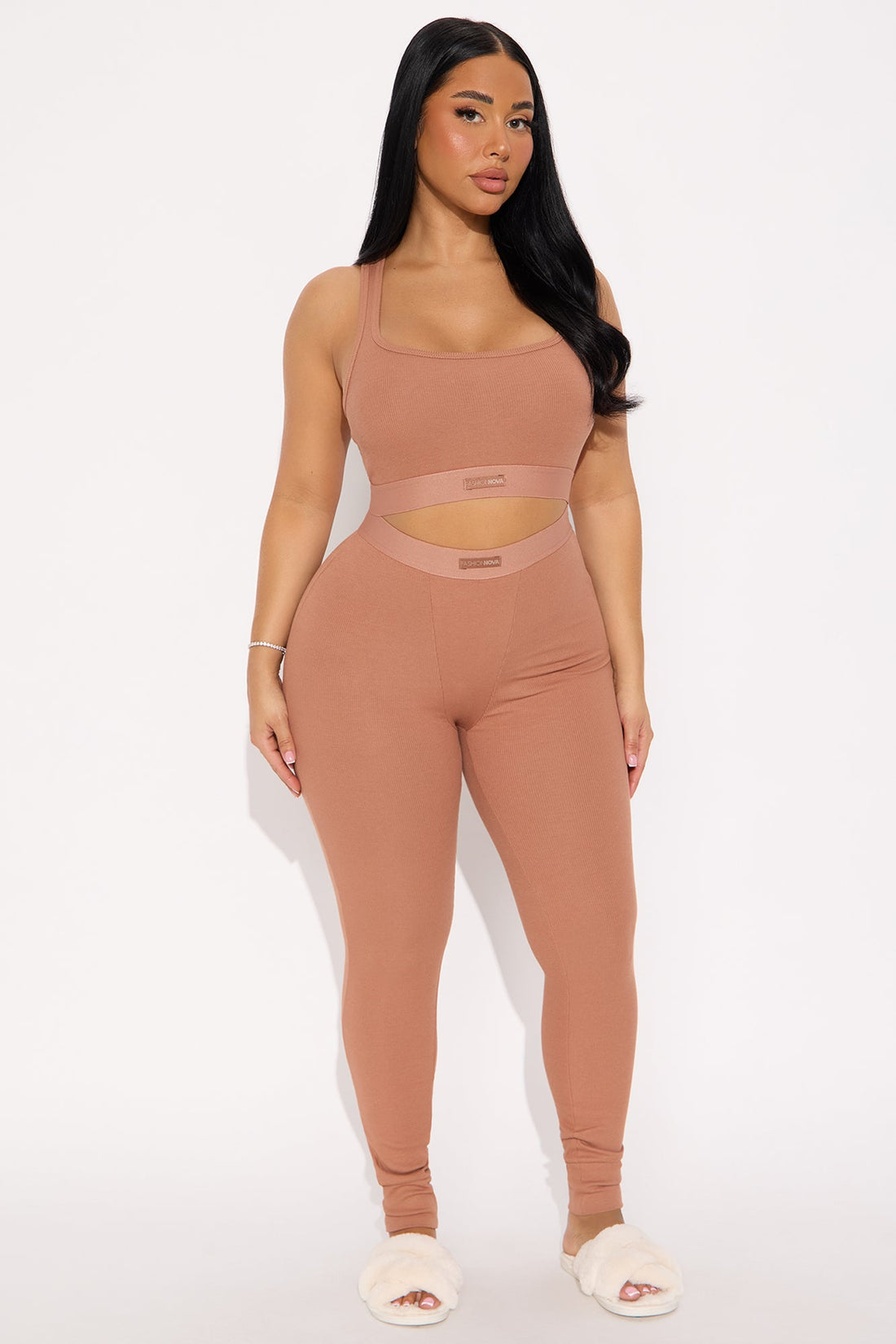 FN Mood Racerback Bra And Legging 2 Piece Ribbed Cotton Set - Mocha