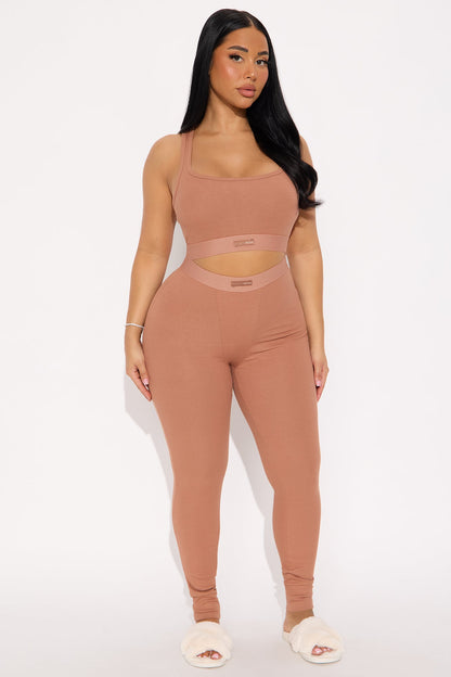 FN Mood Racerback Bra And Legging 2 Piece Ribbed Cotton Set - Mocha