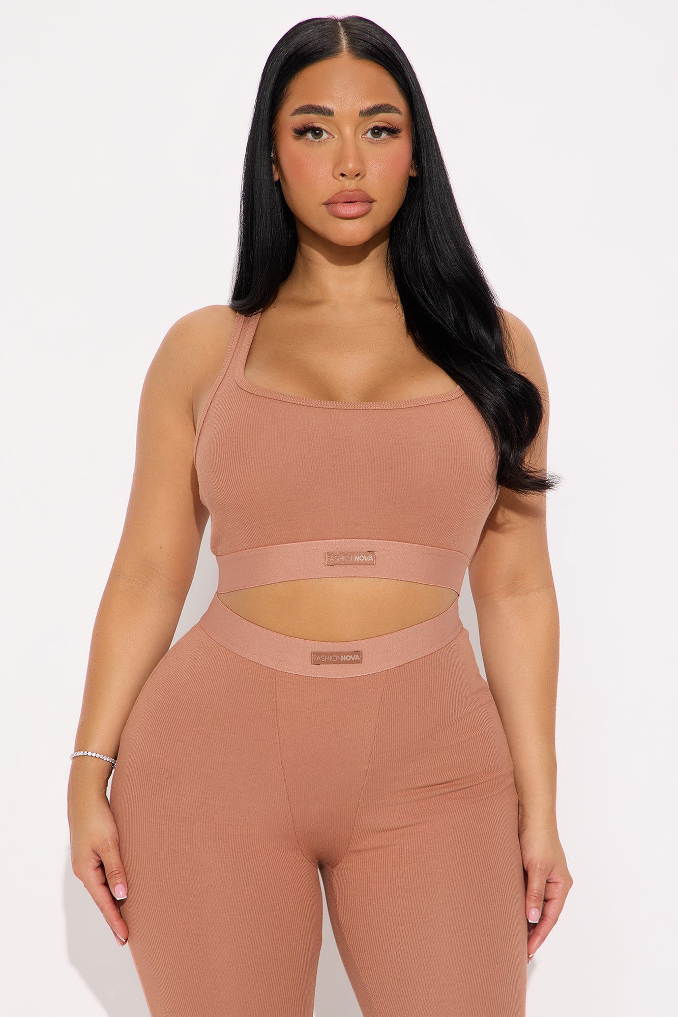 FN Mood Racerback Bra And Legging 2 Piece Ribbed Cotton Set - Mocha
