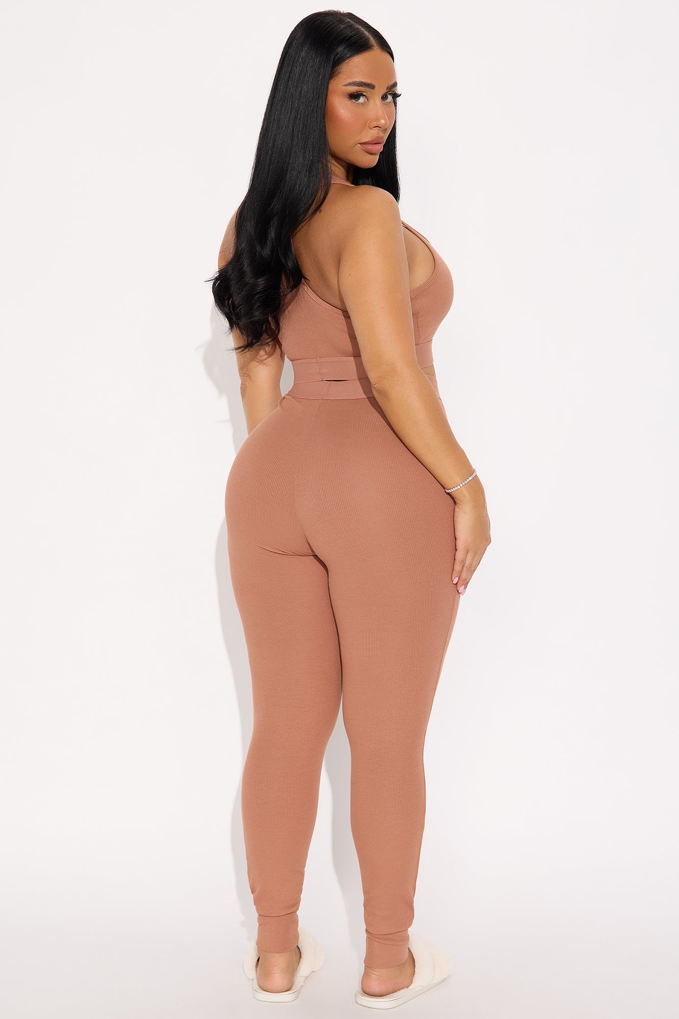 FN Mood Racerback Bra And Legging 2 Piece Ribbed Cotton Set - Mocha