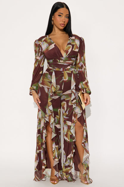 Gianna Mesh Wide Leg Jumpsuit - Brown/combo