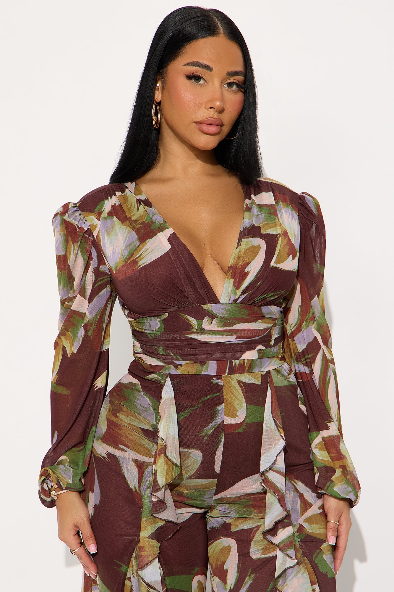 Gianna Mesh Wide Leg Jumpsuit - Brown/combo