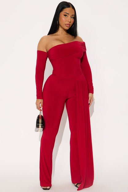 Set To Stun One Shoulder Draped Pant Set - Red