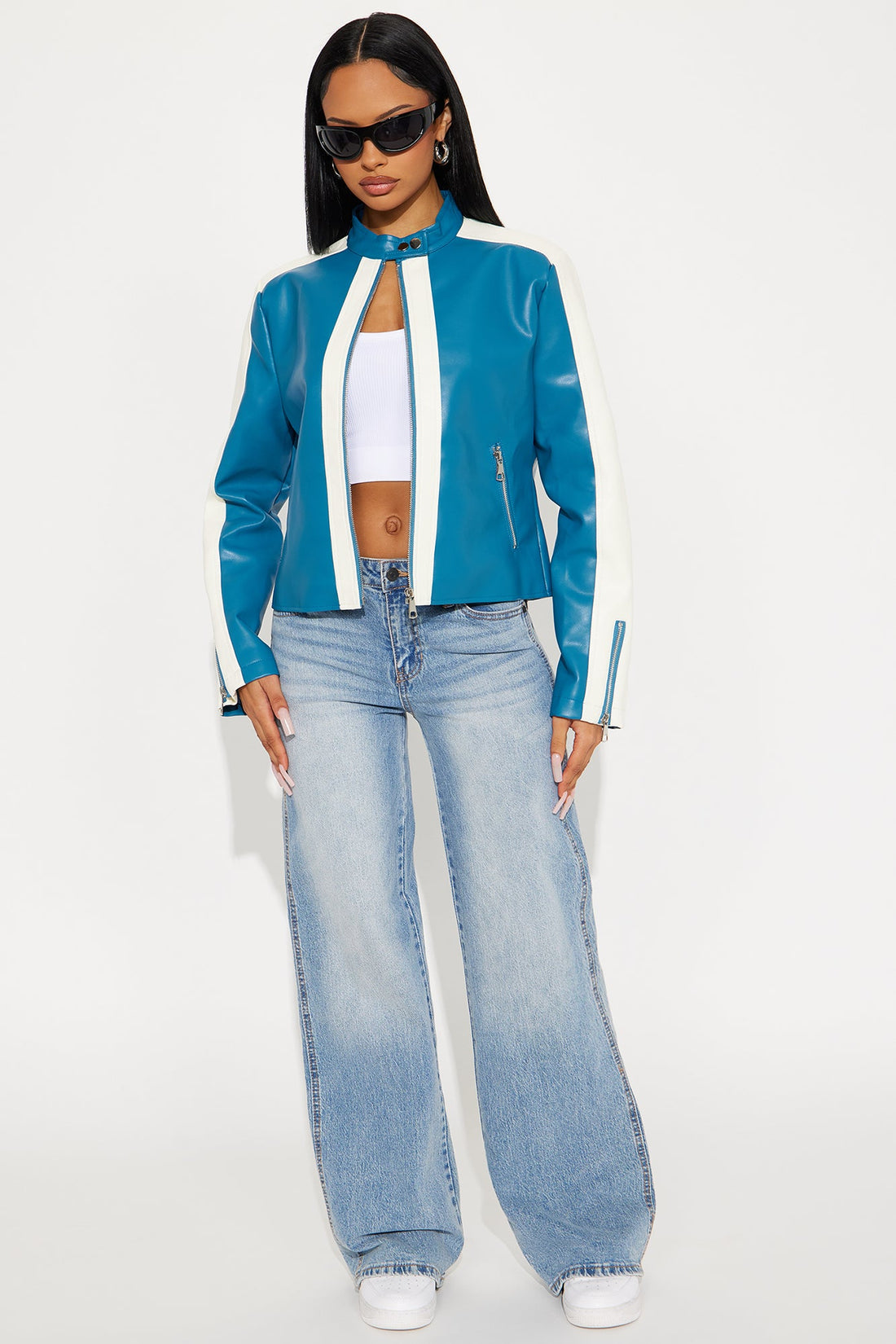 Destiny Faux Leather Moto Jacket - Teal/combo
