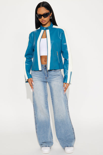 Destiny Faux Leather Moto Jacket - Teal/combo
