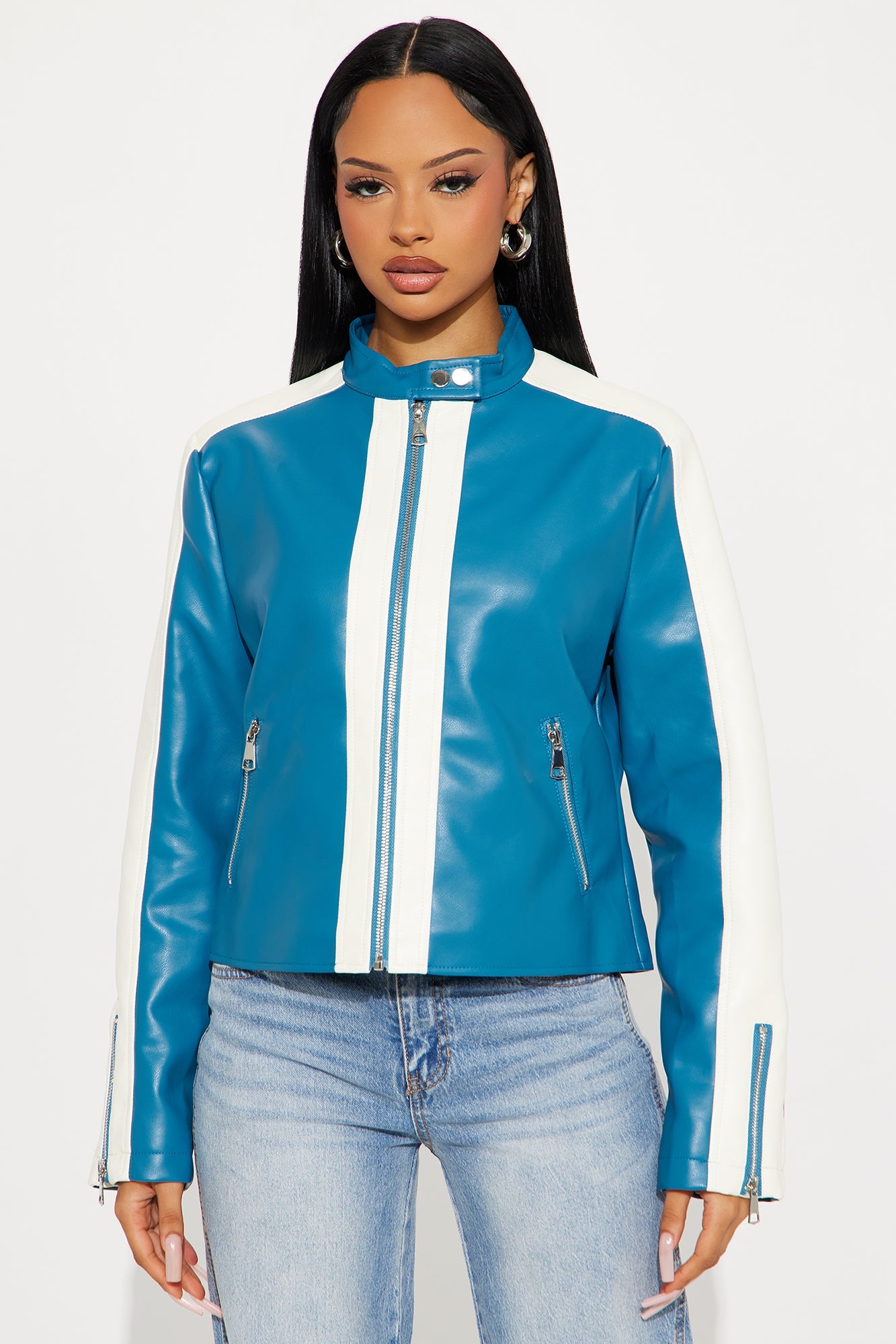 Destiny Faux Leather Moto Jacket - Teal/combo