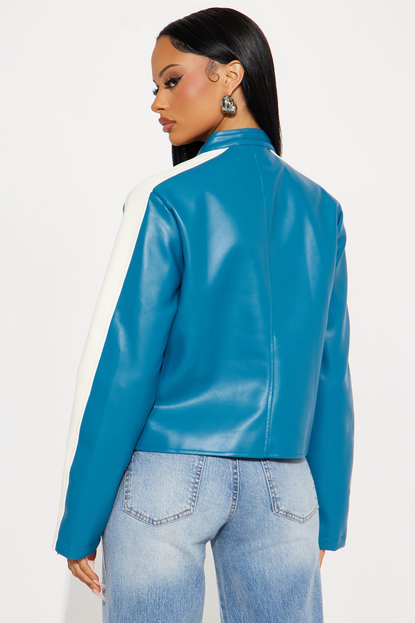Destiny Faux Leather Moto Jacket - Teal/combo