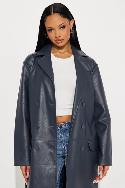 Drew Faux Leather Double Breasted Coat - Navy