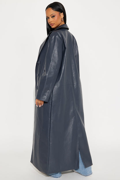 Drew Faux Leather Double Breasted Coat - Navy