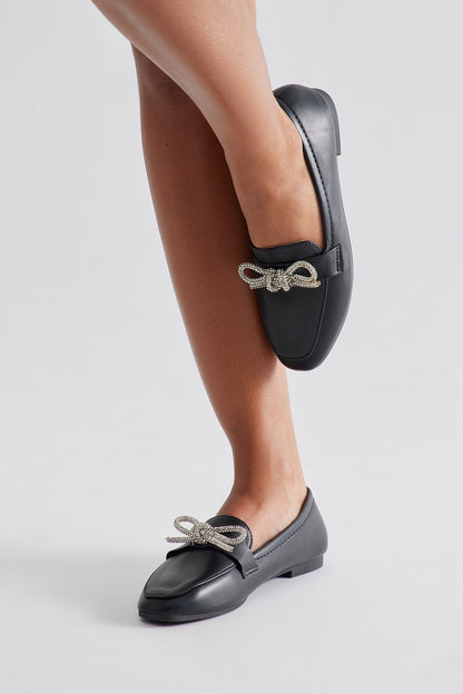 Avy Rhinestone Bow Loafers - Black