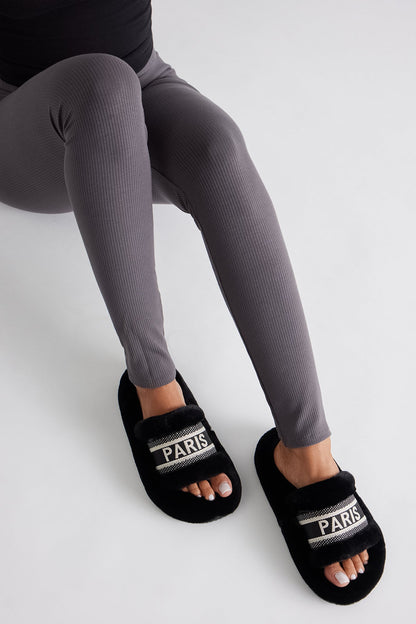 Witty Faux Fur Slippers - Black