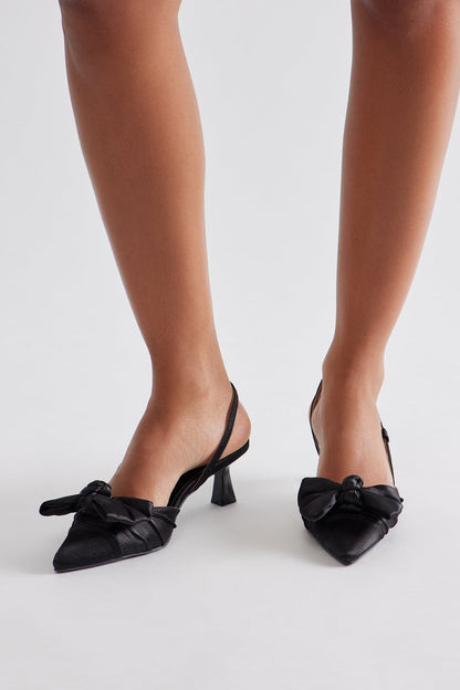 Lura Satin Bow Kitten Heel Pumps - Black