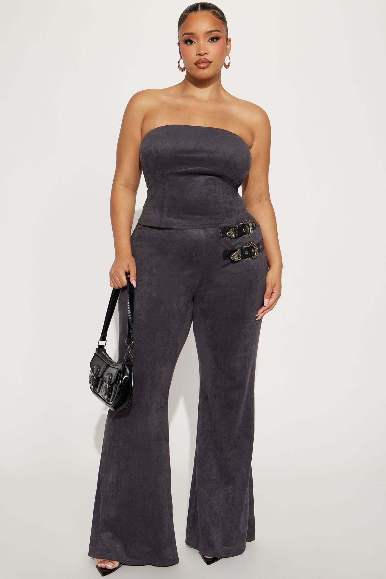 Buckle Up Faux Suede Belted Pant Set - Grey