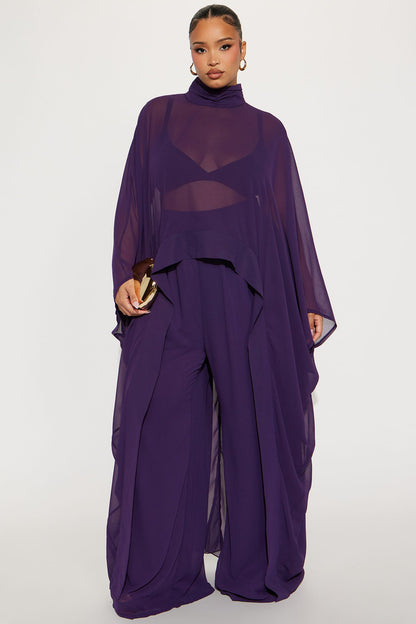 Sheer Moment Draped Pant Set - Eggplant