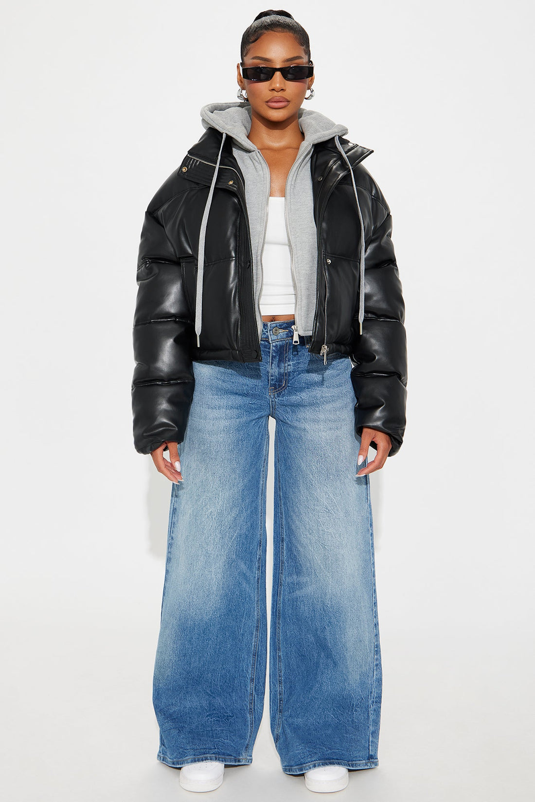 Blake Layered Faux Leather Puffer Jacket - Black/combo