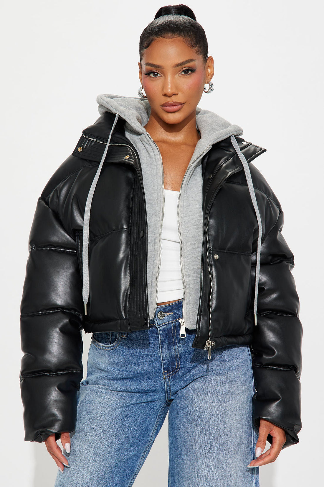 Blake Layered Faux Leather Puffer Jacket - Black/combo