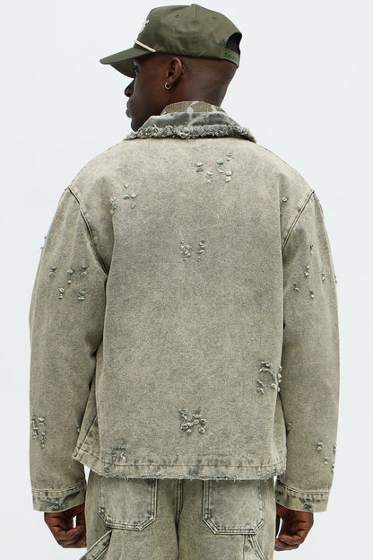 Relaxed Distressed Frayed Work Jacket - Olive
